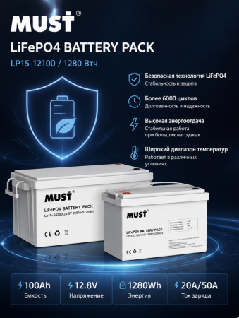 Аккумуляторная батарея LiFePO4 MUST LP15-12100 1280 Втч